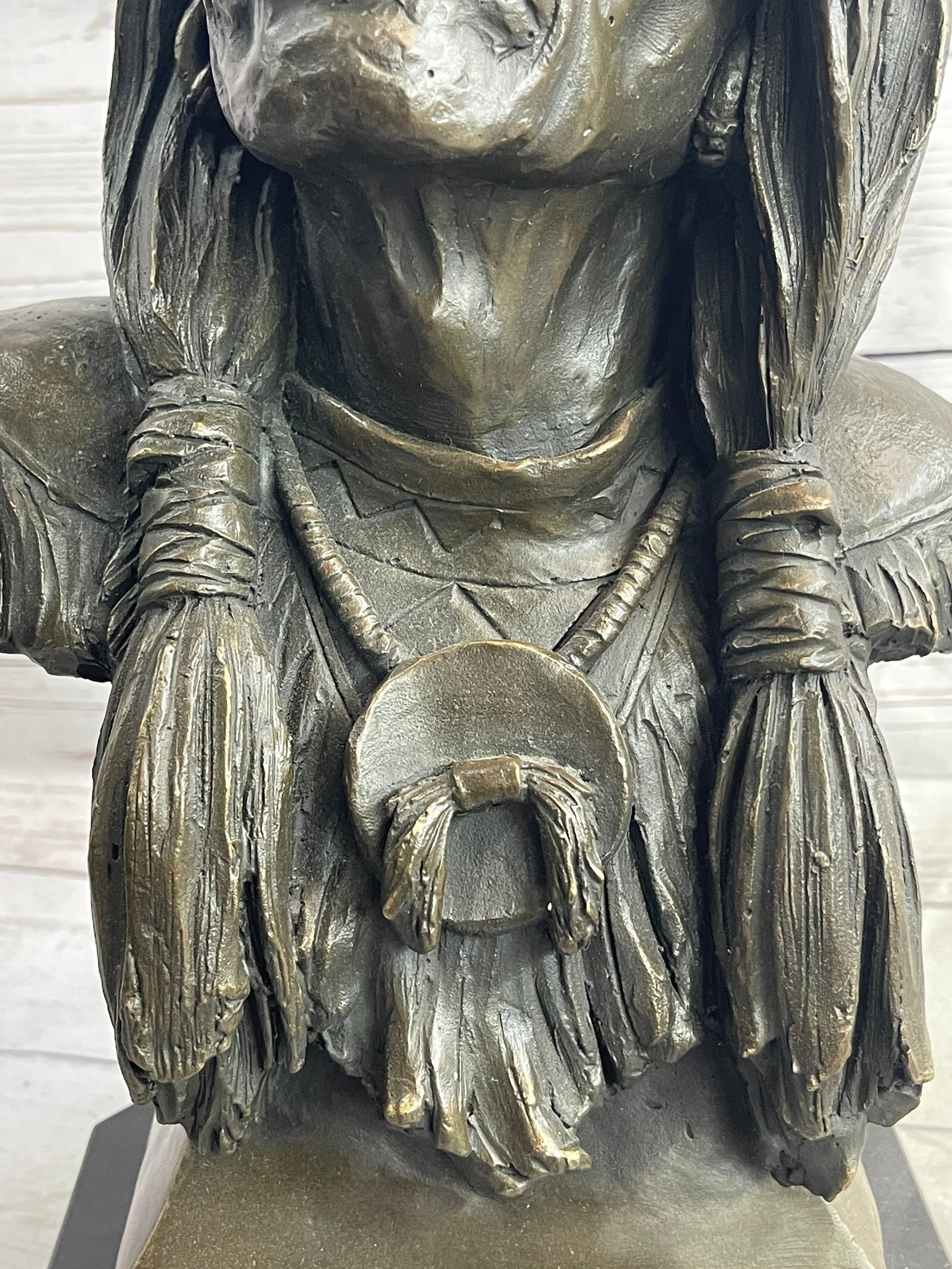 Native American Indian Old Man Weathered Face Bronze Sculpture Statue Bust on Marble Base