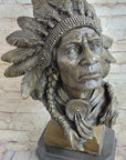 Carl Kauba Large American Warrior Bust Bronze Sculpture Marble Base Statue Decor
