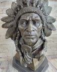 Carl Kauba Large American Warrior Bust Bronze Sculpture Marble Base Statue Decor