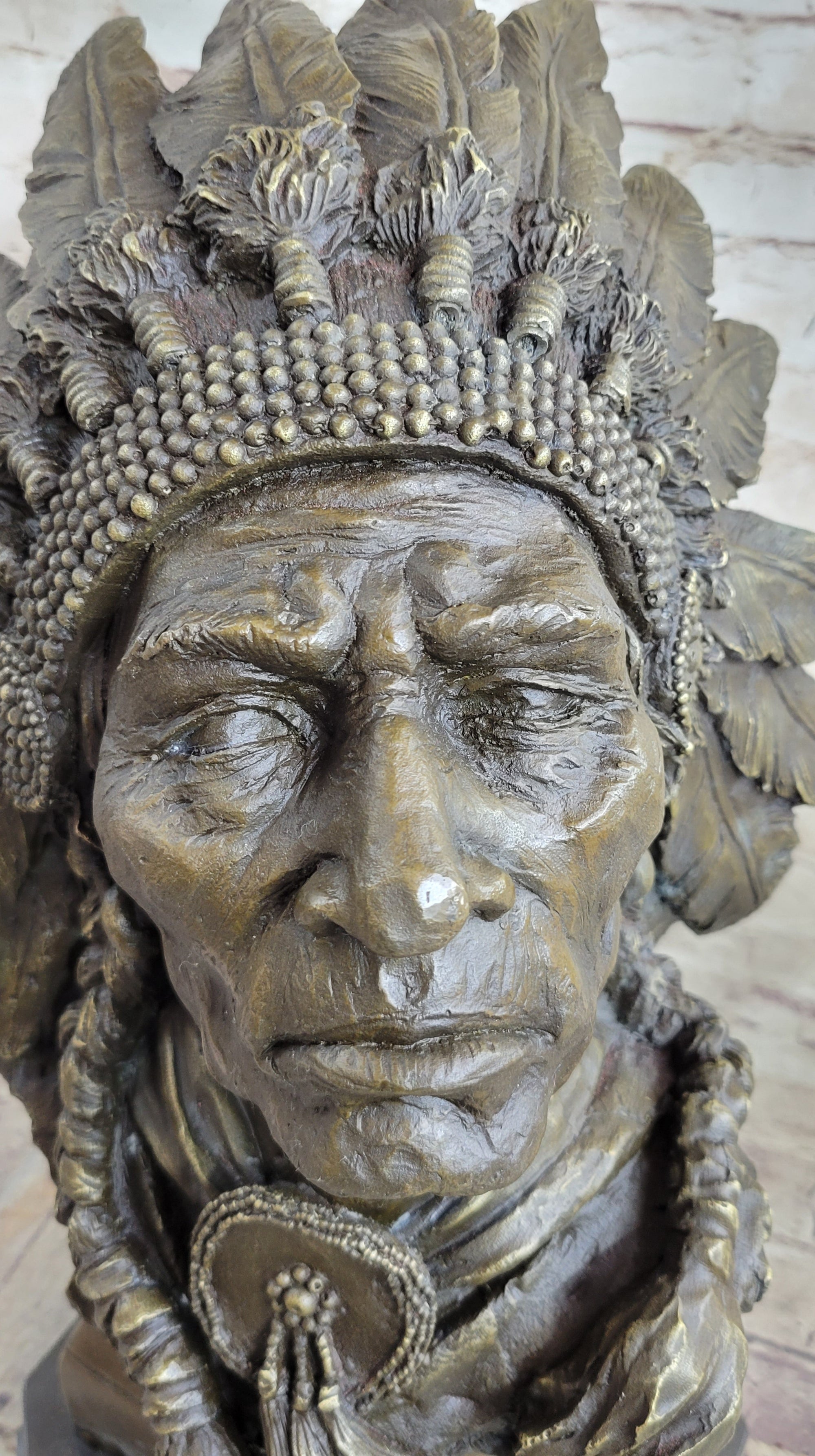 Carl Kauba Large American Warrior Bust Bronze Sculpture Marble Base Statue Decor
