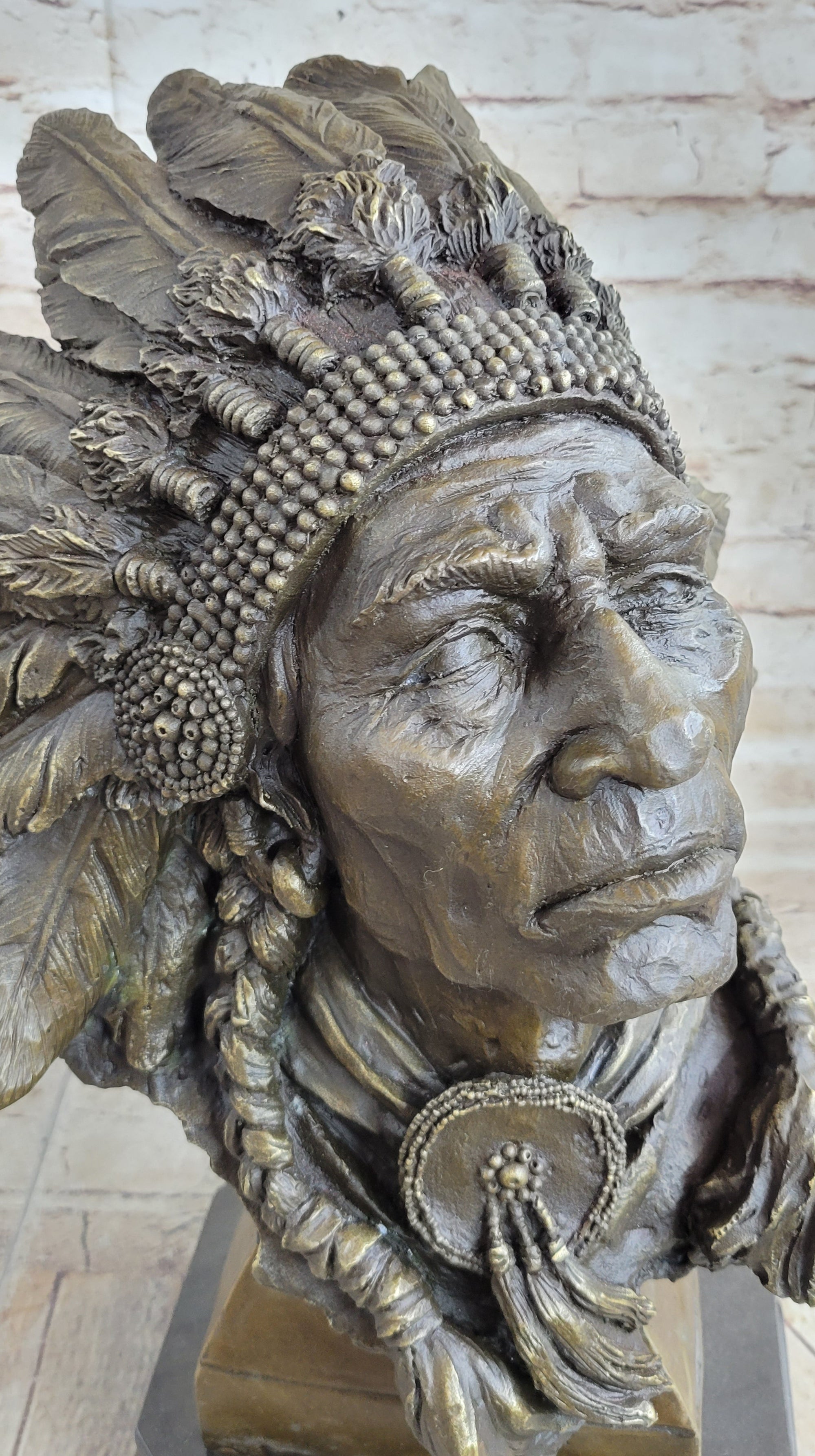Carl Kauba Large American Warrior Bust Bronze Sculpture Marble Base Statue Decor