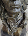 Carl Kauba Large American Warrior Bust Bronze Sculpture Marble Base Statue Decor