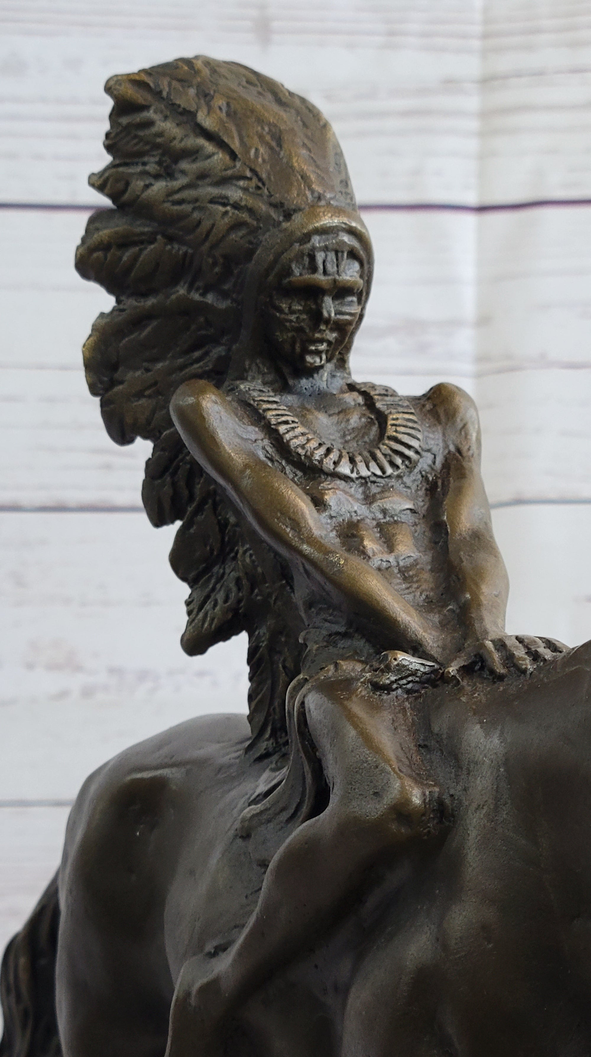 Native American Indian on Horseback Bronze Sculpture Statue Figure on Marble Base