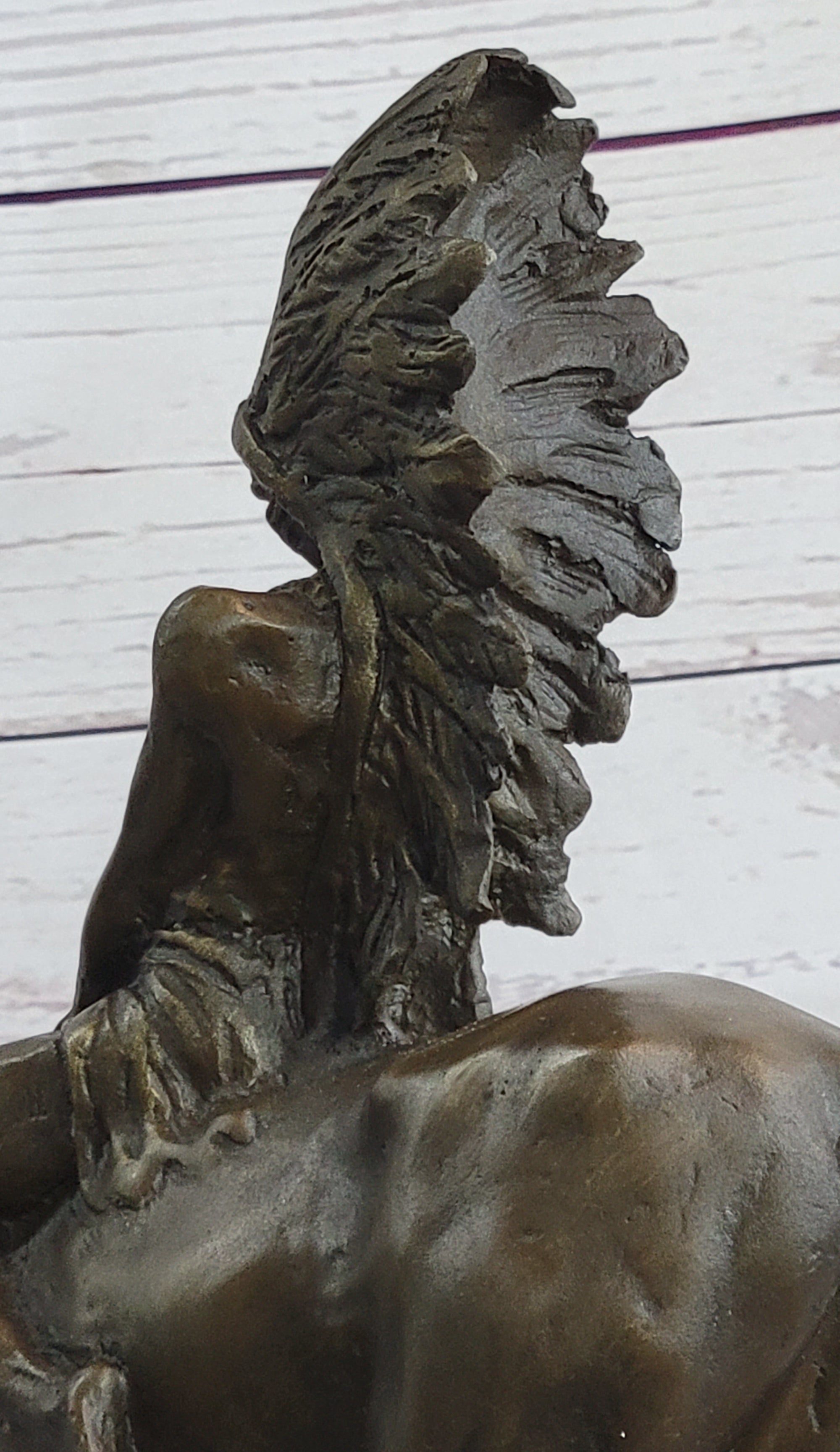 Native American Indian on Horseback Bronze Sculpture Statue Figure on Marble Base