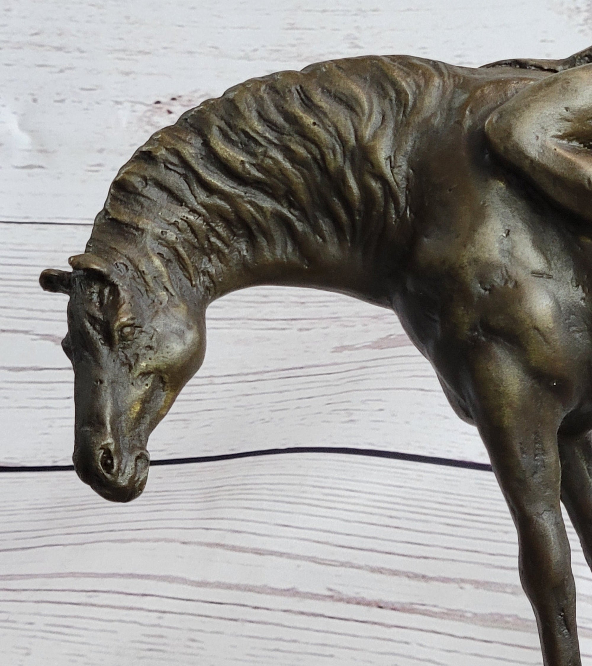 Native American Indian on Horseback Bronze Sculpture Statue Figure on Marble Base