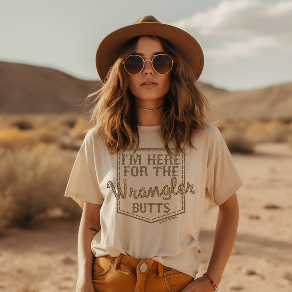 I&#39;m Here for the Wrangler Butts T-Shirt Natural - Bourbon Cowgirl