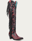 Z5453 - WOMEN'S RED EMBROIDERY AND OVERLAY WITH FRINGE TALL TOP POINTED LAMB COWBOY BOOT