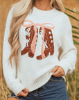 Western Bow Boots Embroidered Drop Shoulder Sweater