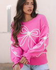 Bow Corded Floral Ribbed Trim Sweater