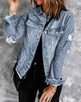 Denim Lapel Distressed Raw Hem Buttoned Jacket