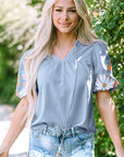 Hadlee Floral Embroidered Puff Sleeve Split Neck Blouse
