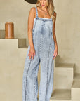 Denim Frayed Reverse Seam Wide Leg Overall