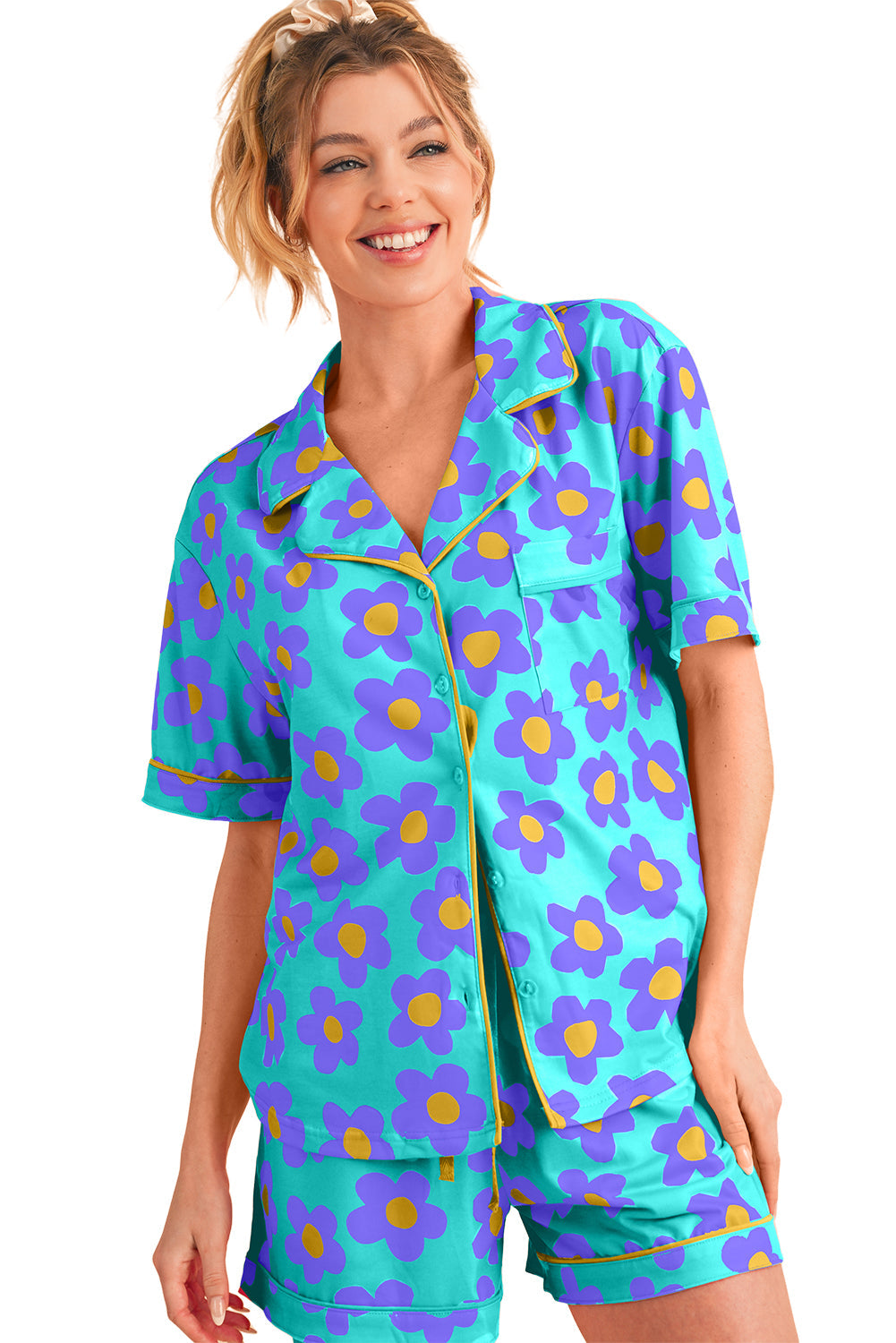 Flower Print Buttoned Shirt And Drawstring Waist Pajama Set