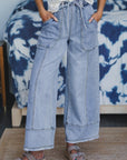 Denim Raw Hem Drawstring Wide Leg Pants