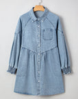 Denim Smocked Cuffs Shirt Mini Dress