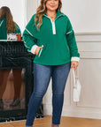 Plus Size Fleece Contrast Trim Half Zip Pocketed Sweatshirt