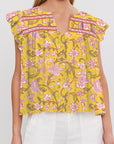 Floral Ruffle Sleeve Notched Neck Blouse