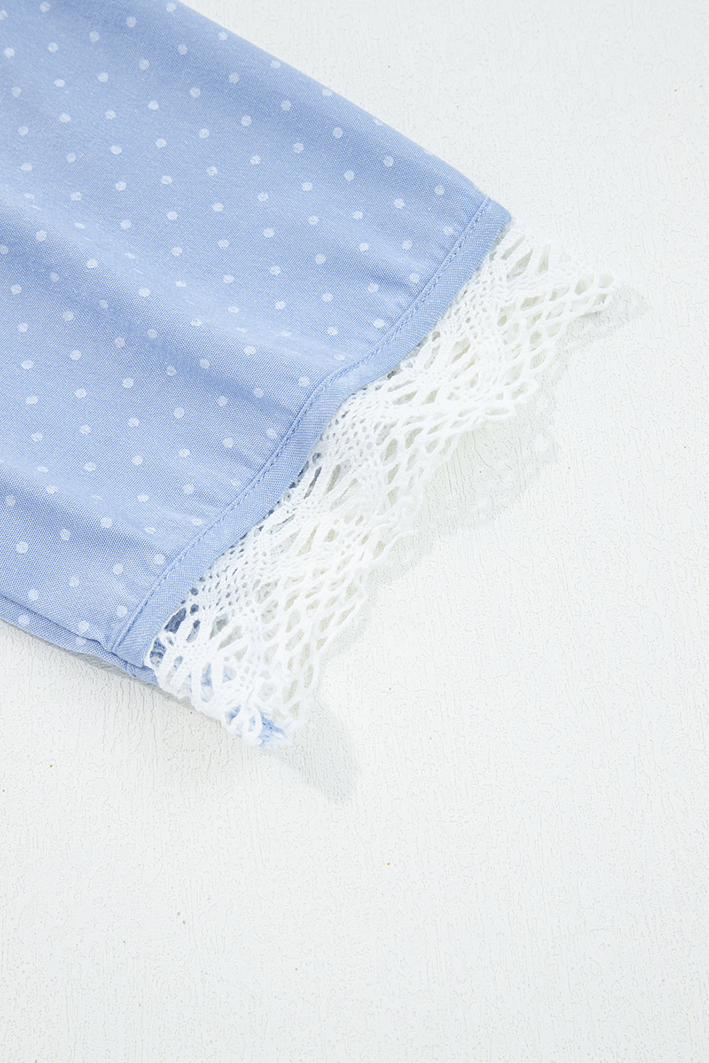 Dotted Denim Lace Trim Collared V-Neck Blouse