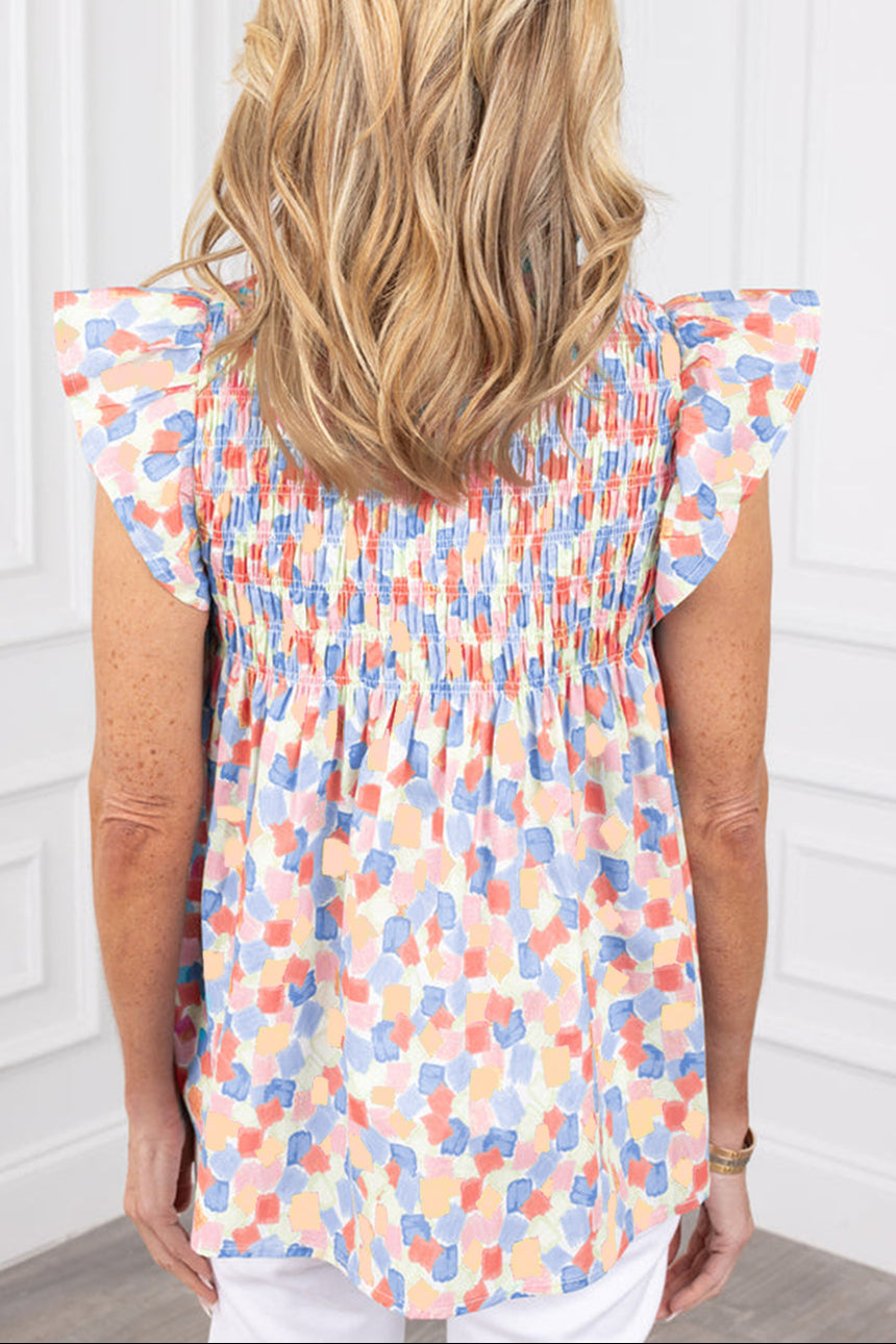 Abstract Shirred Ruffle Sleeve Blouse