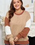 Plus Size Colorblock Knit Contrast Stitch Crewneck Sweater