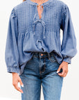 Solid Denim Pleated Bow Tie Puff Sleeve Top