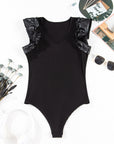 Solid Ribbed Leatherette Ruffle Sleeve Bodysuit