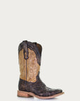 A4117 - MEN'S EMBROIDERY BROWN WOVEN WIDE SQUARE TOE HONEY COWBOY BOOT