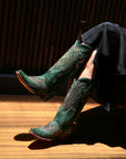 A4714 - WOMEN'S OVERLAY EMBROIDERY AND STUDS GREEN SNIP TOE COWBOY BOOTS