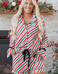 Christmas Stripe Velvet Bow Cuffs Pajama Set