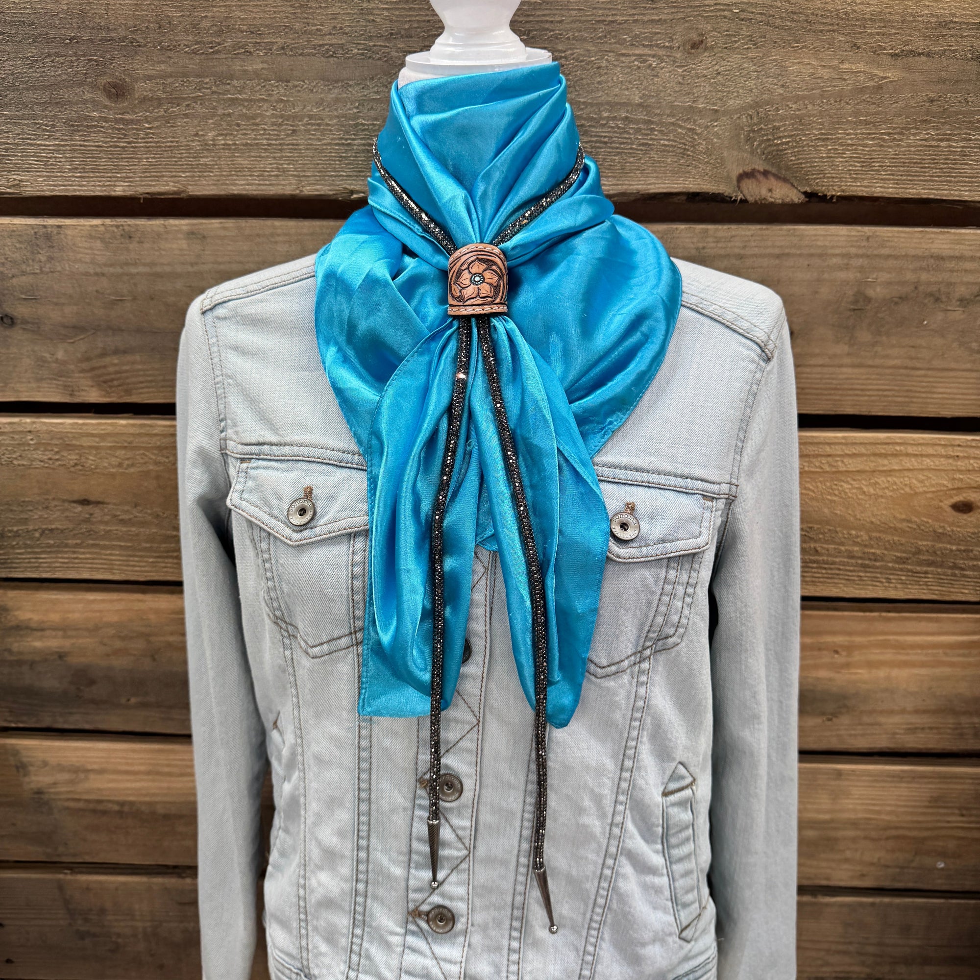 35X35&quot; Solid Aqua Wild Rag / Scarf - Leather Slide and Bolo Tie