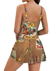 Vintage Cowgirl Collage Skirted Swim Suit