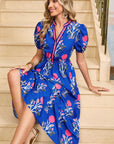 Floral Ruffle Hem Pop of Color Neckline Dress
