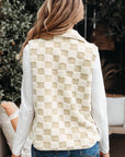 Checker Sherpa Snap Button Vest Jacket With Pockets