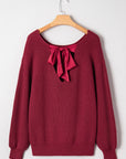 Ribbon Knot Backless Drop Shoulder Ribbed Sweater