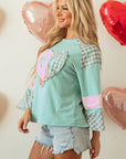 Valentine Heart Plaid Floral Patchwork Long Sleeve Top