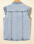 Denim Button-Front Scallop Trim Patch Pocket Vest