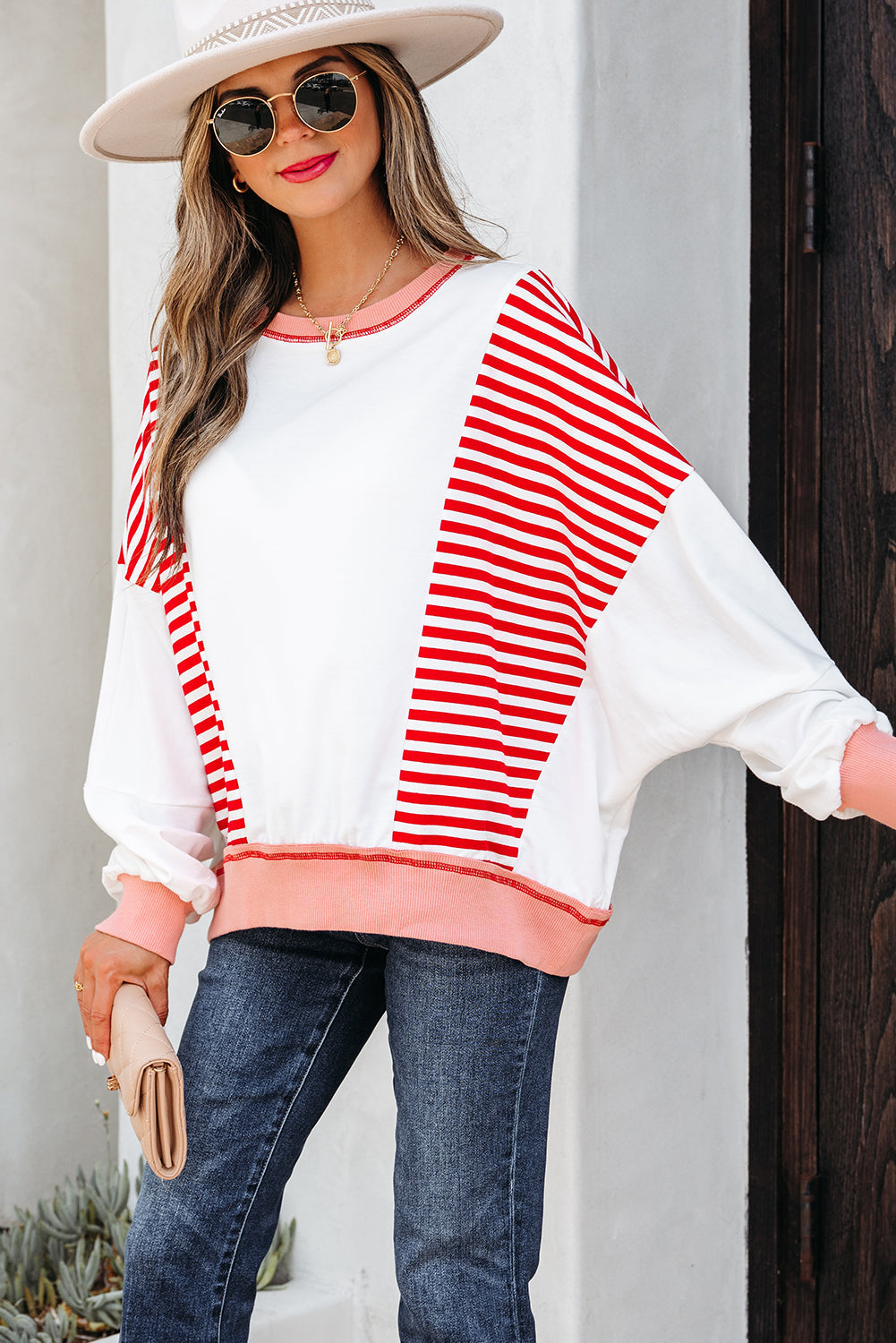 Stripe Colorblock Patchwork Contrast Stitch Sweatshirt