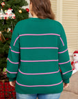 Plus Size Stripe Half Button Drop Shoulder Sweater