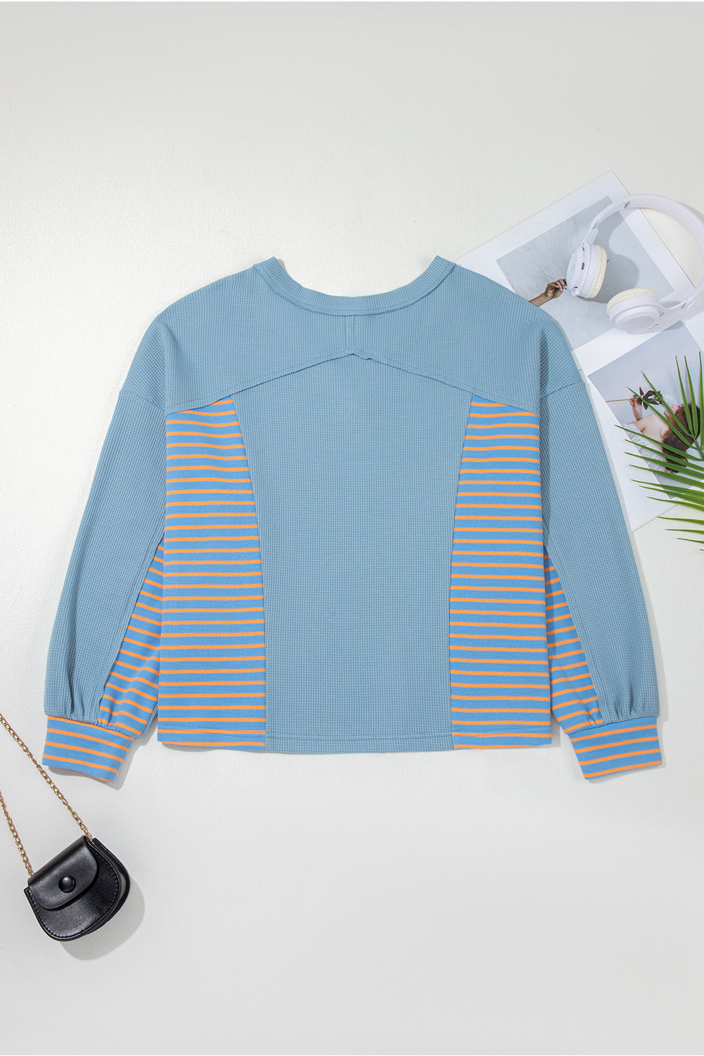 Stripe Patchwork Waffle Knit V-Neck Pullover