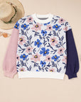 Floral Panel Colorblock Sleeve Crewneck Sweater