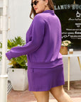 Plus Size Solid Half Zip Pullover and Mini Skirt Set
