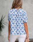 Grace Geometric Tassel Drawstring V Neck Blouse