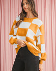 Checkered Bishop Sleeve Pullover Sweater