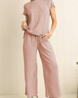Solid Corded Short Sleeve T Shirt And Wide Leg Pants Set