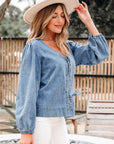 Solid Denim Tie-Front Puff Sleeve Top