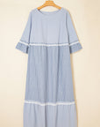 Plus Size Stripe Patchwork Lace Trim 3/4 Sleeve Maxi Dress