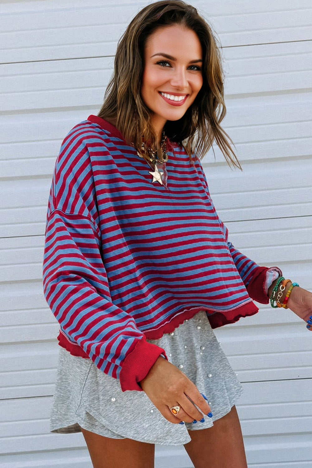 Stripe Reverse Seam Contrast Trim Sweatshirt