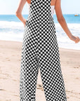 Black Checkered Print Pocketed Wide Leg Jumpsuit