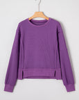Solid Ribbed Raw Seam Patchwork Drop Shoulder Sweatshirt