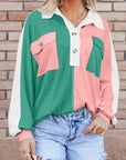 Colorblock Collared Ribbed Patchwork Pocketed Sweatshirt